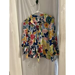 Multiples Multicolor Floral Button Front Tie Waist Blouse Sz Xl Petite